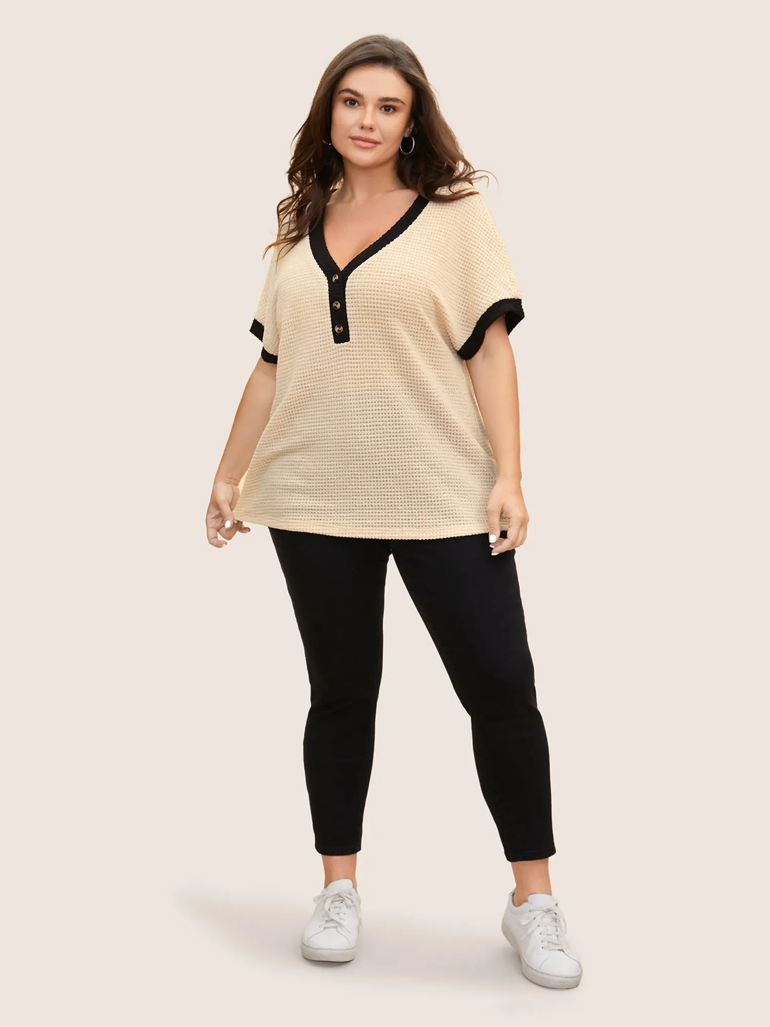 V Neck Contrast Button Detail Knit T-shirt sold by Bloomchic product image thumbnail 2