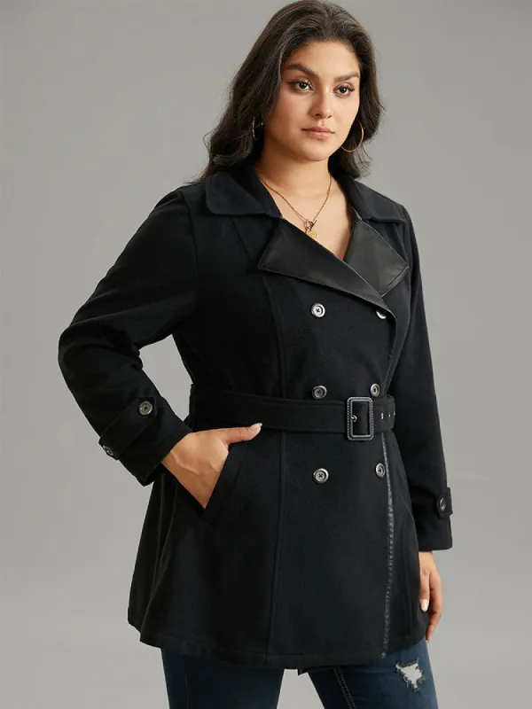 PU Leather Patchwork Lapel Collar Double Breasted Belted Coat sold by Bloomchic