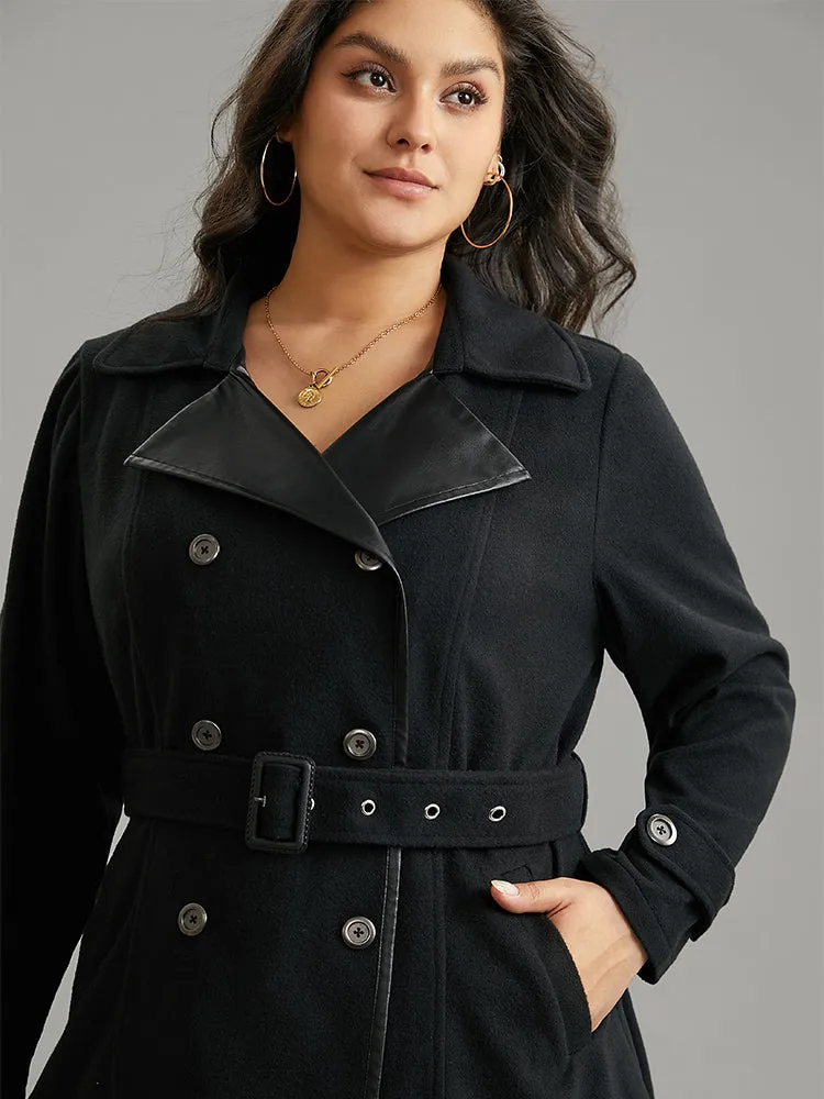 PU Leather Patchwork Lapel Collar Double Breasted Belted Coat sold by Bloomchic product image thumbnail 5