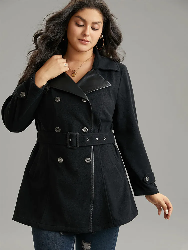 PU Leather Patchwork Lapel Collar Double Breasted Belted Coat sold by Bloomchic product image thumbnail 2