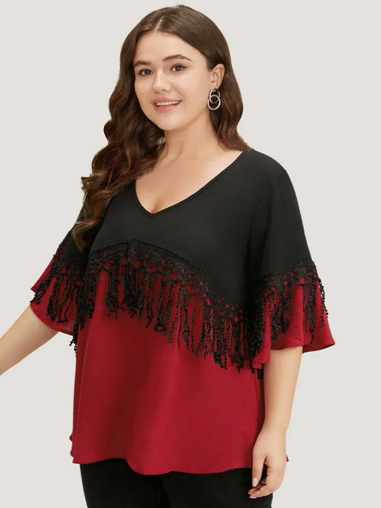 Halloween Two Tone Fringe Trim Patchwork Blouse sold by Bloomchic product image thumbnail 4