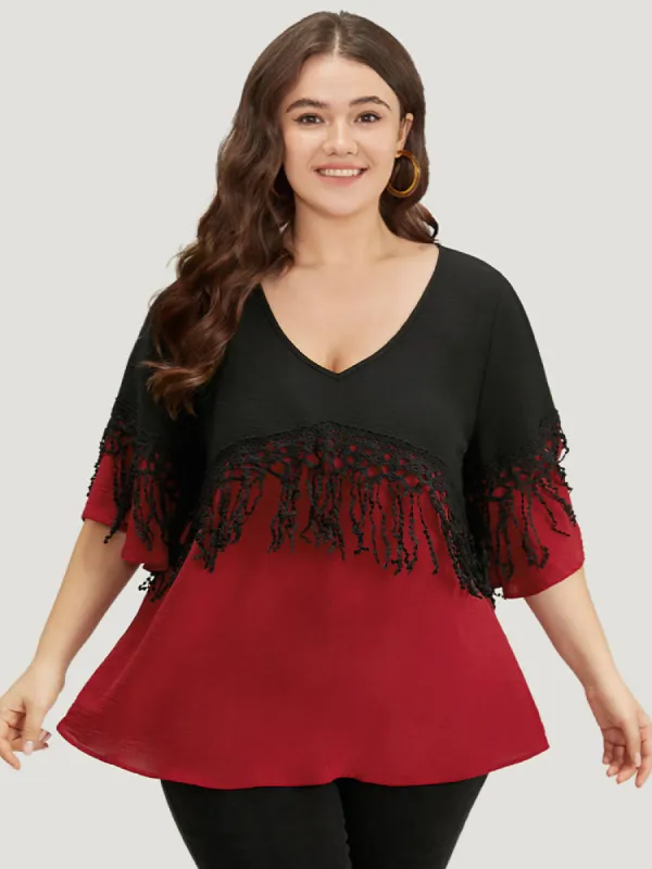 Halloween Two Tone Fringe Trim Patchwork Blouse sold by Bloomchic