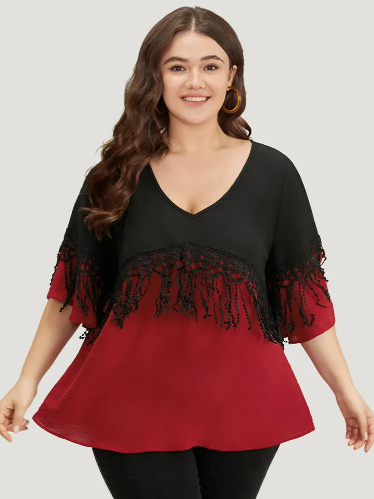 Halloween Two Tone Fringe Trim Patchwork Blouse sold by Bloomchic