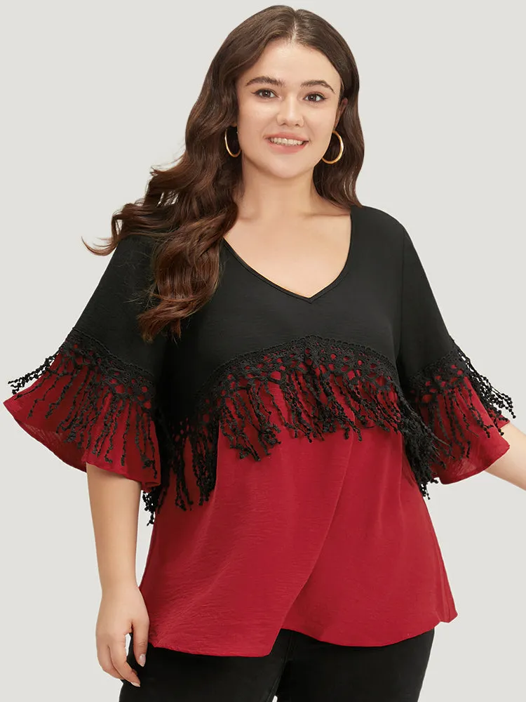 Halloween Two Tone Fringe Trim Patchwork Blouse sold by Bloomchic product image thumbnail 2