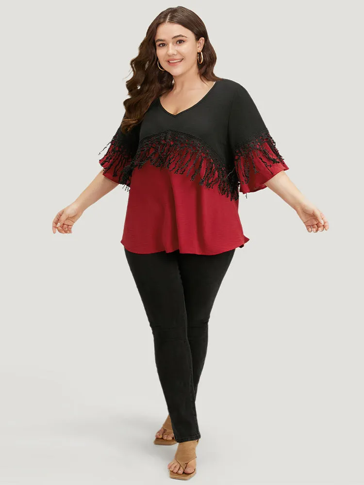 Halloween Two Tone Fringe Trim Patchwork Blouse sold by Bloomchic product image thumbnail 3