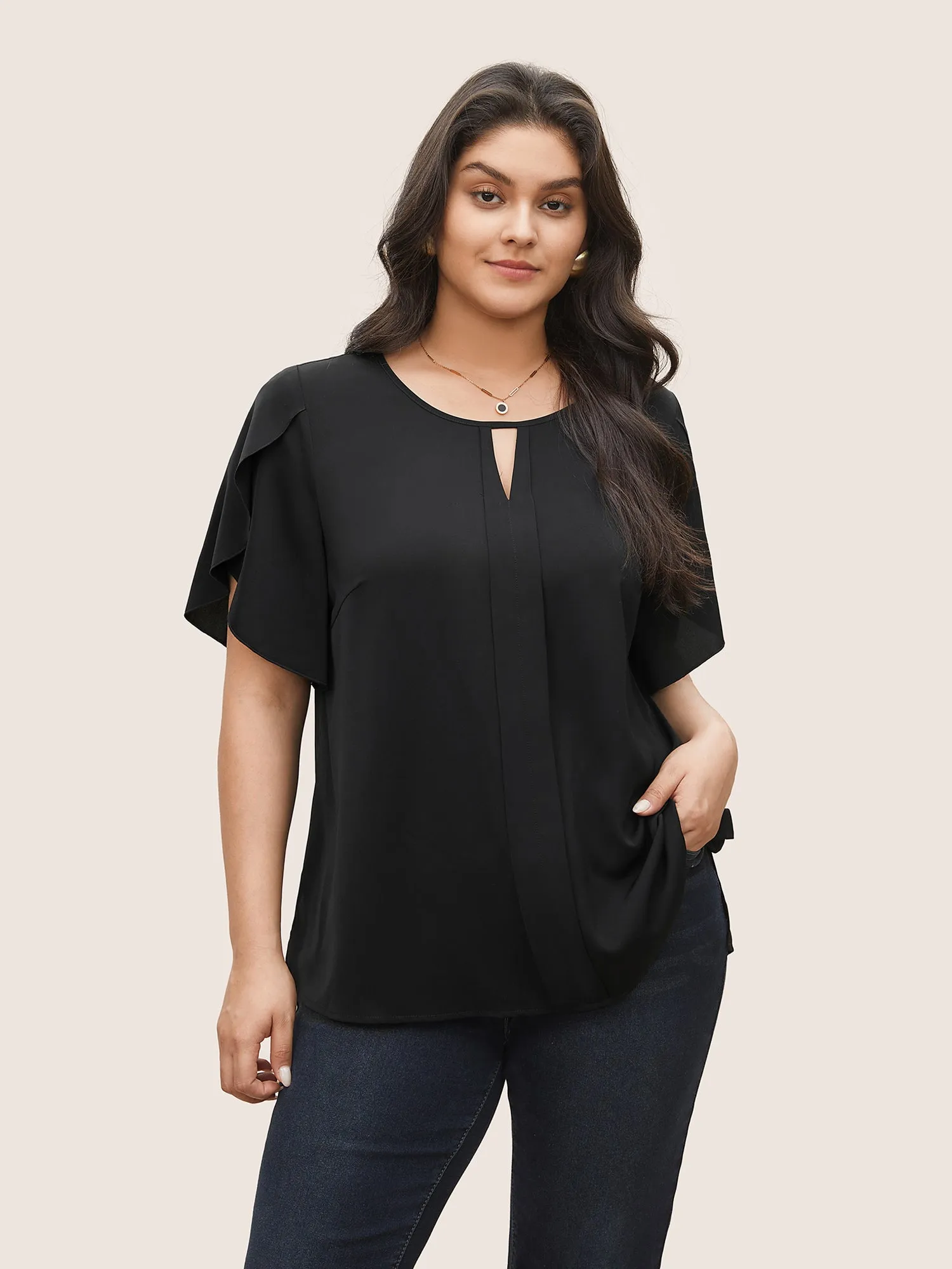 Solid Keyhole Petal Sleeve Pleated Blouse sold by Bloomchic
