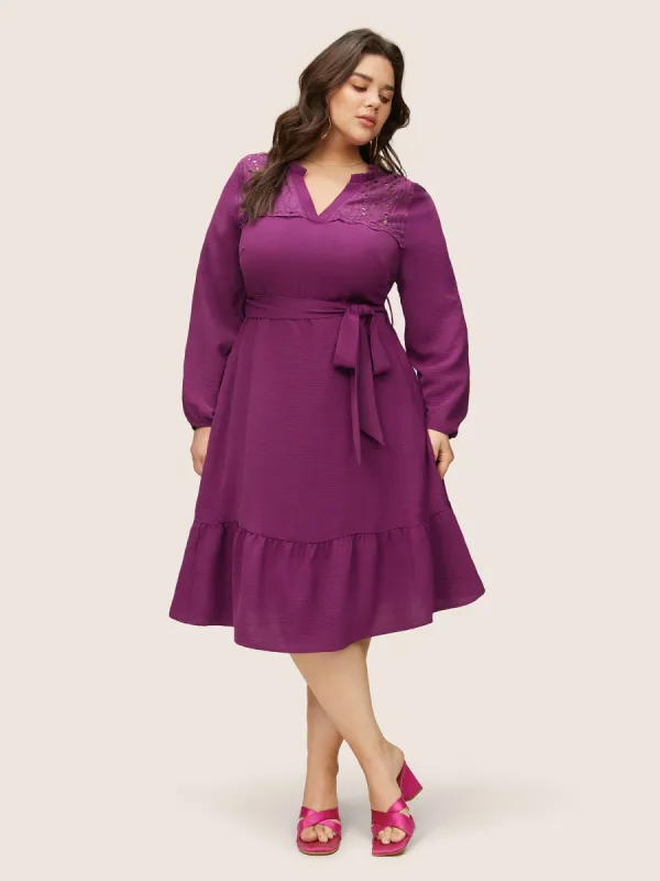 Solid Lace Panel Cut Out Belted Gathered Dress sold by Bloomchic