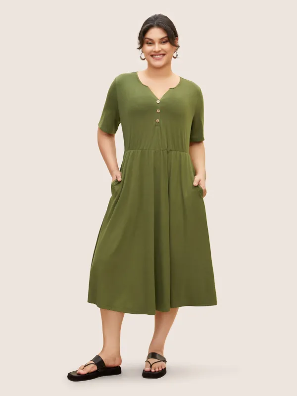 Notched Solid Button Detail Midi Dress sold by Bloomchic