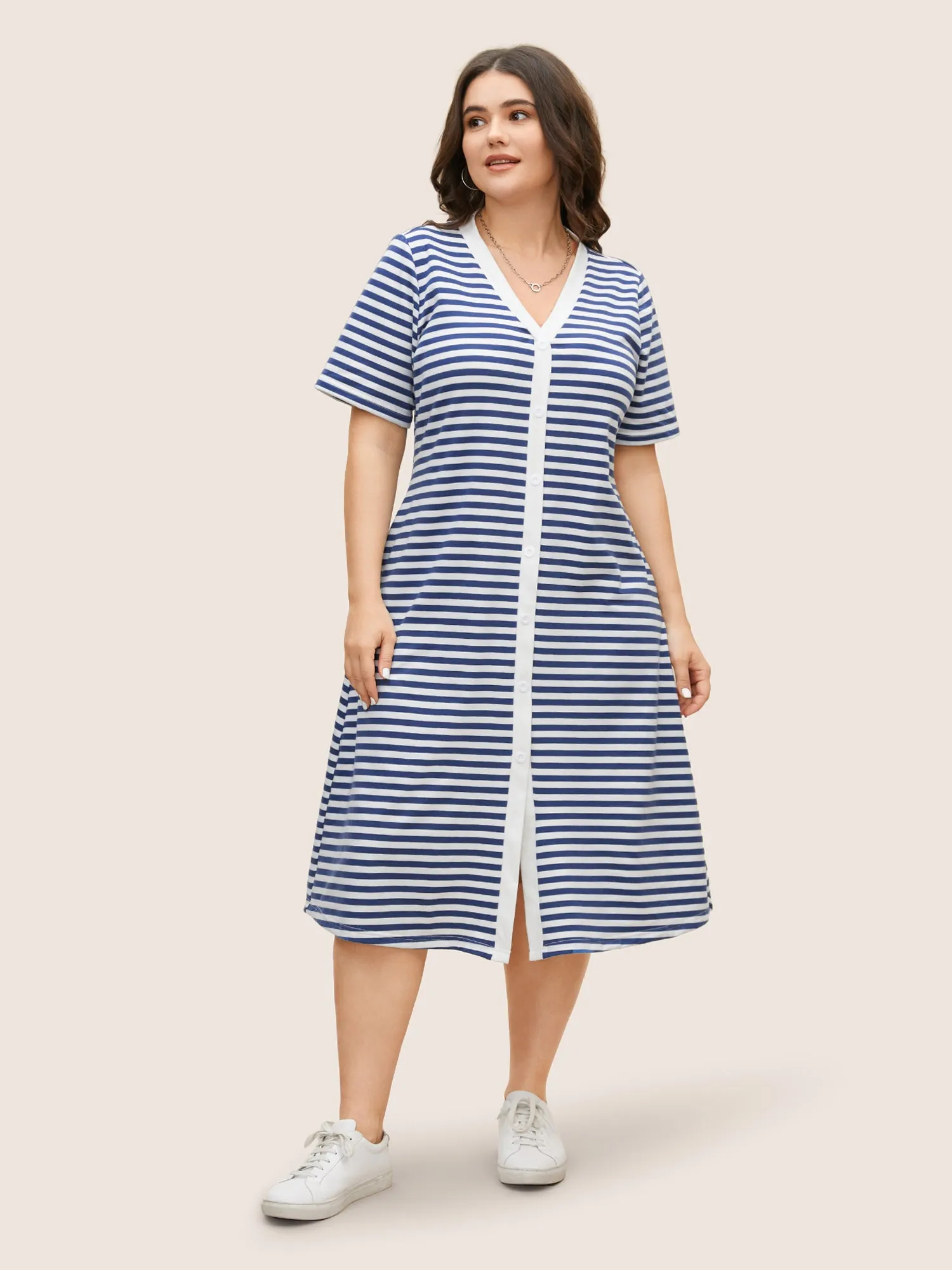 Contrast Striped Button Detail Midi Dress sold by Bloomchic