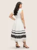V Neck Contrast Lace Trim Ruffles Shirred Dress sold by Bloomchic