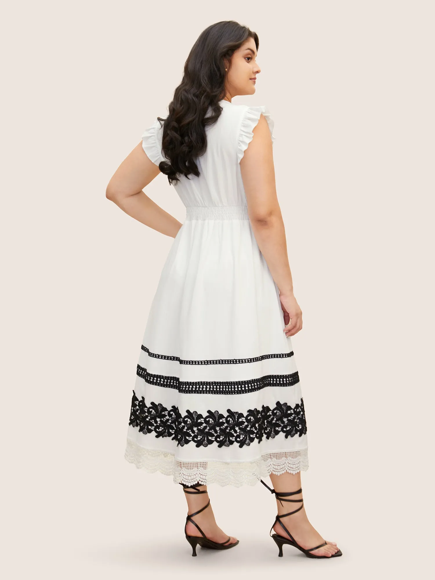 V Neck Contrast Lace Trim Ruffles Shirred Dress sold by Bloomchic product image thumbnail 4