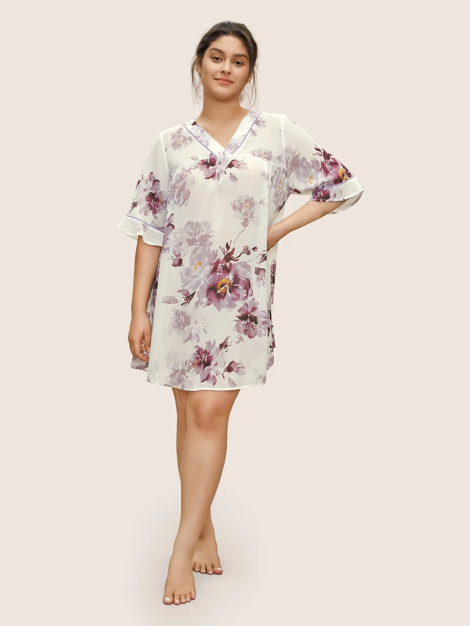 Chiffon Floral Gathered Ruffle Sleeve Sleep Dress sold by Bloomchic product image thumbnail 4