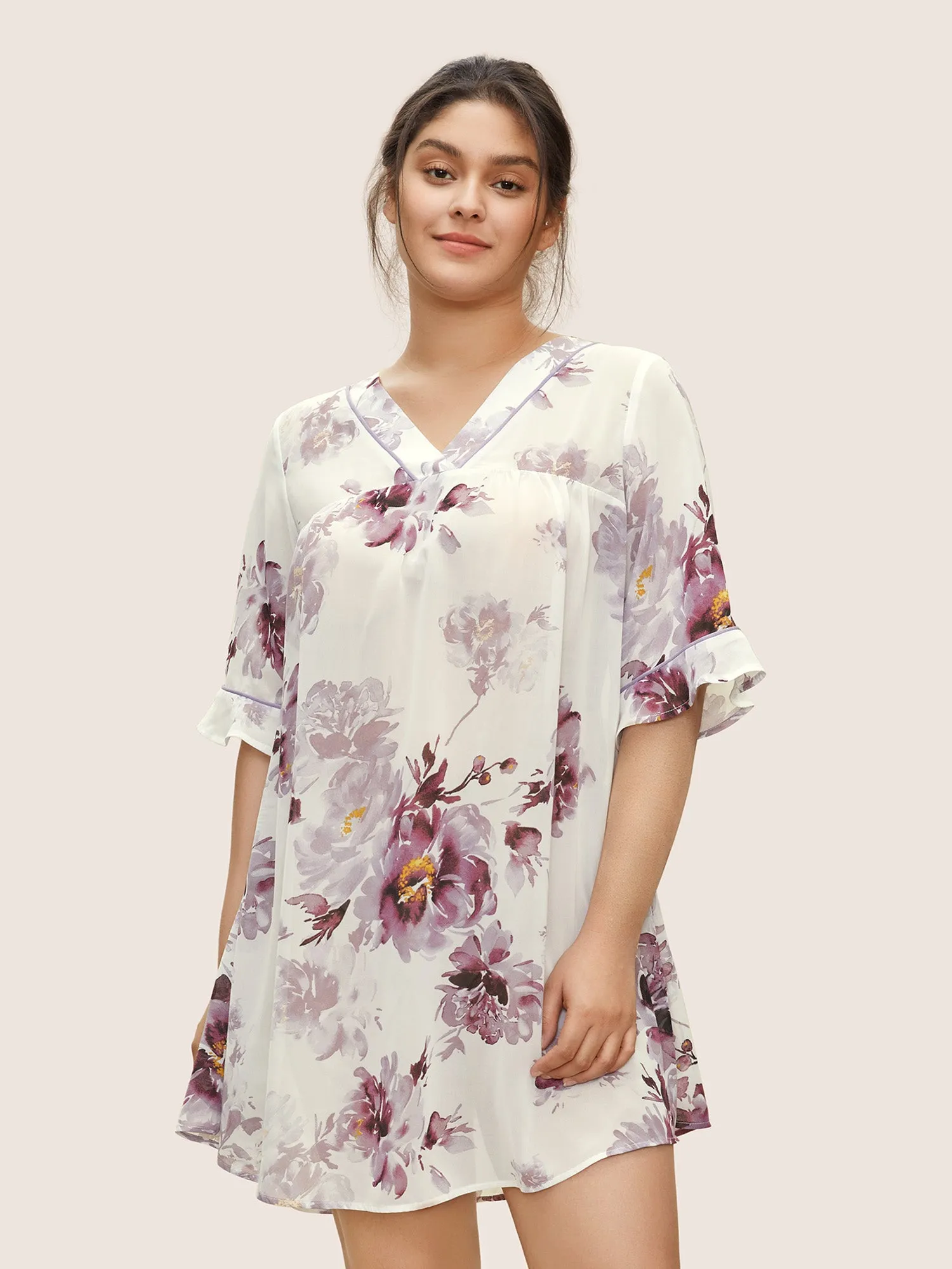 Chiffon Floral Gathered Ruffle Sleeve Sleep Dress sold by Bloomchic