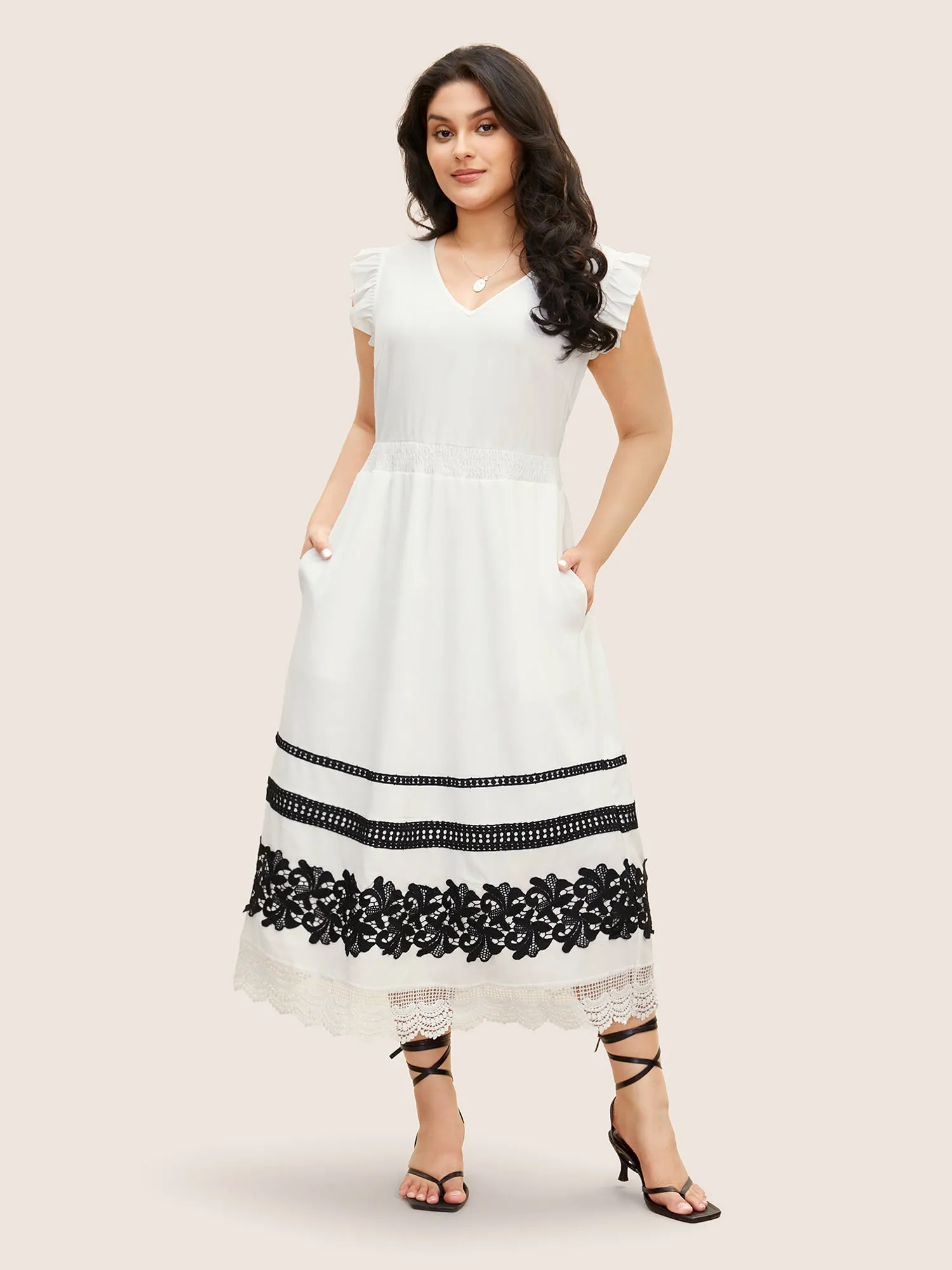 V Neck Contrast Lace Trim Ruffles Shirred Dress sold by Bloomchic product image thumbnail 3