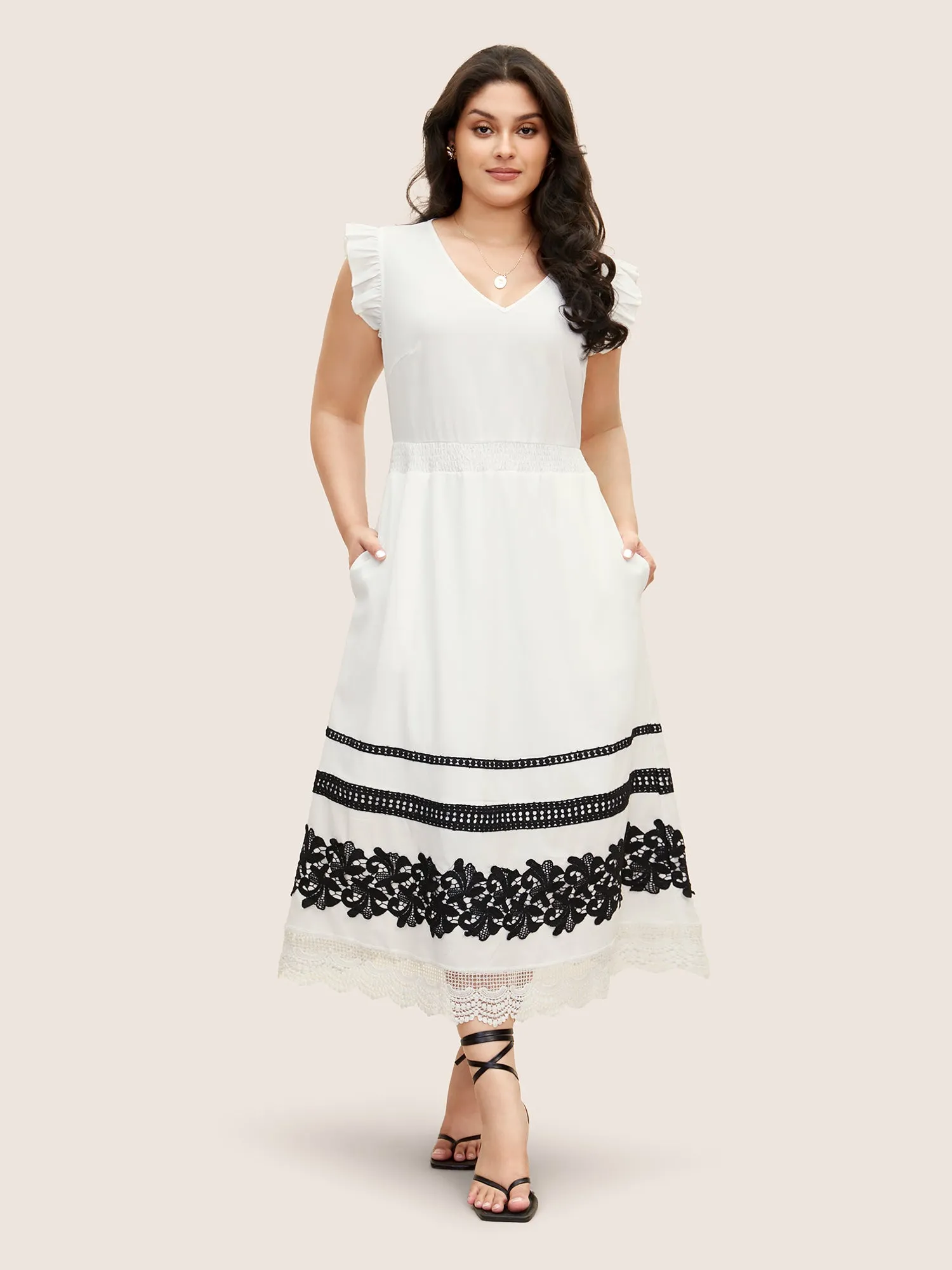 V Neck Contrast Lace Trim Ruffles Shirred Dress sold by Bloomchic