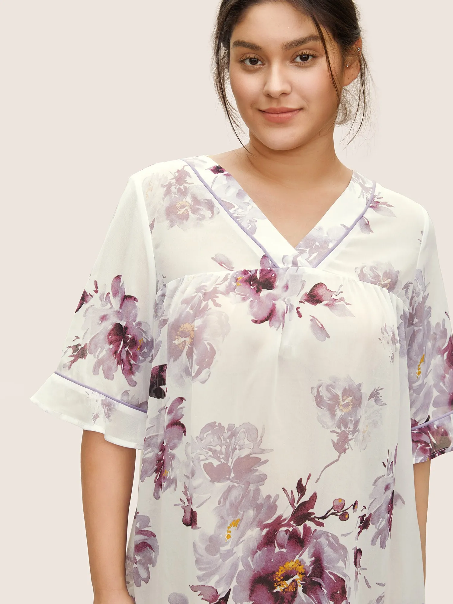 Chiffon Floral Gathered Ruffle Sleeve Sleep Dress sold by Bloomchic product image thumbnail 2