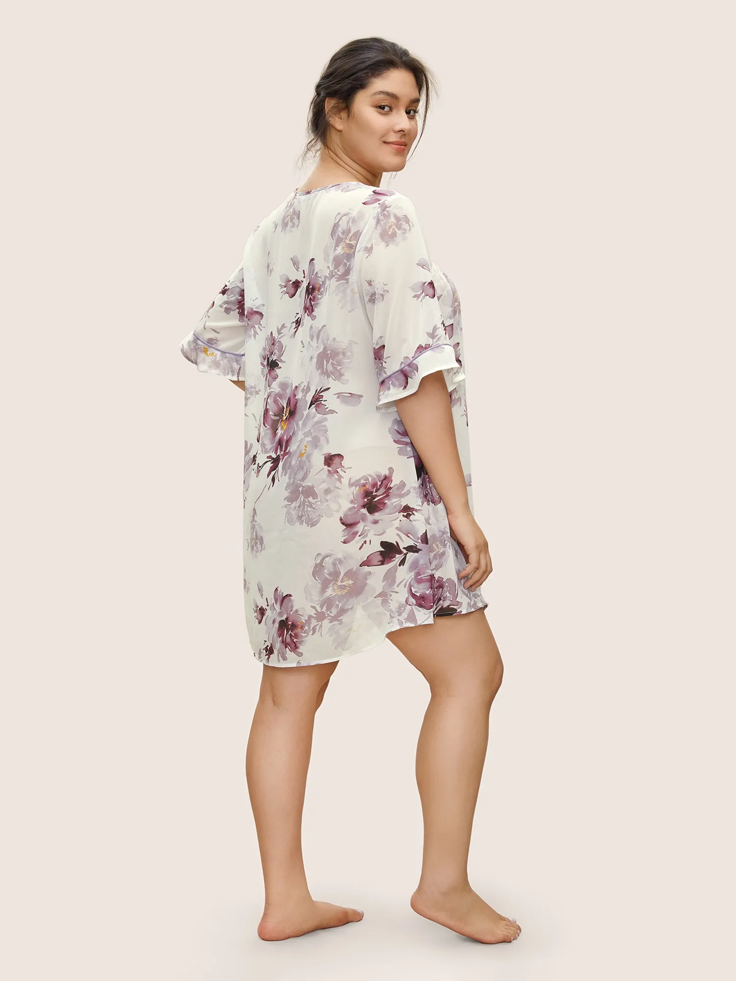 Chiffon Floral Gathered Ruffle Sleeve Sleep Dress sold by Bloomchic product image thumbnail 3