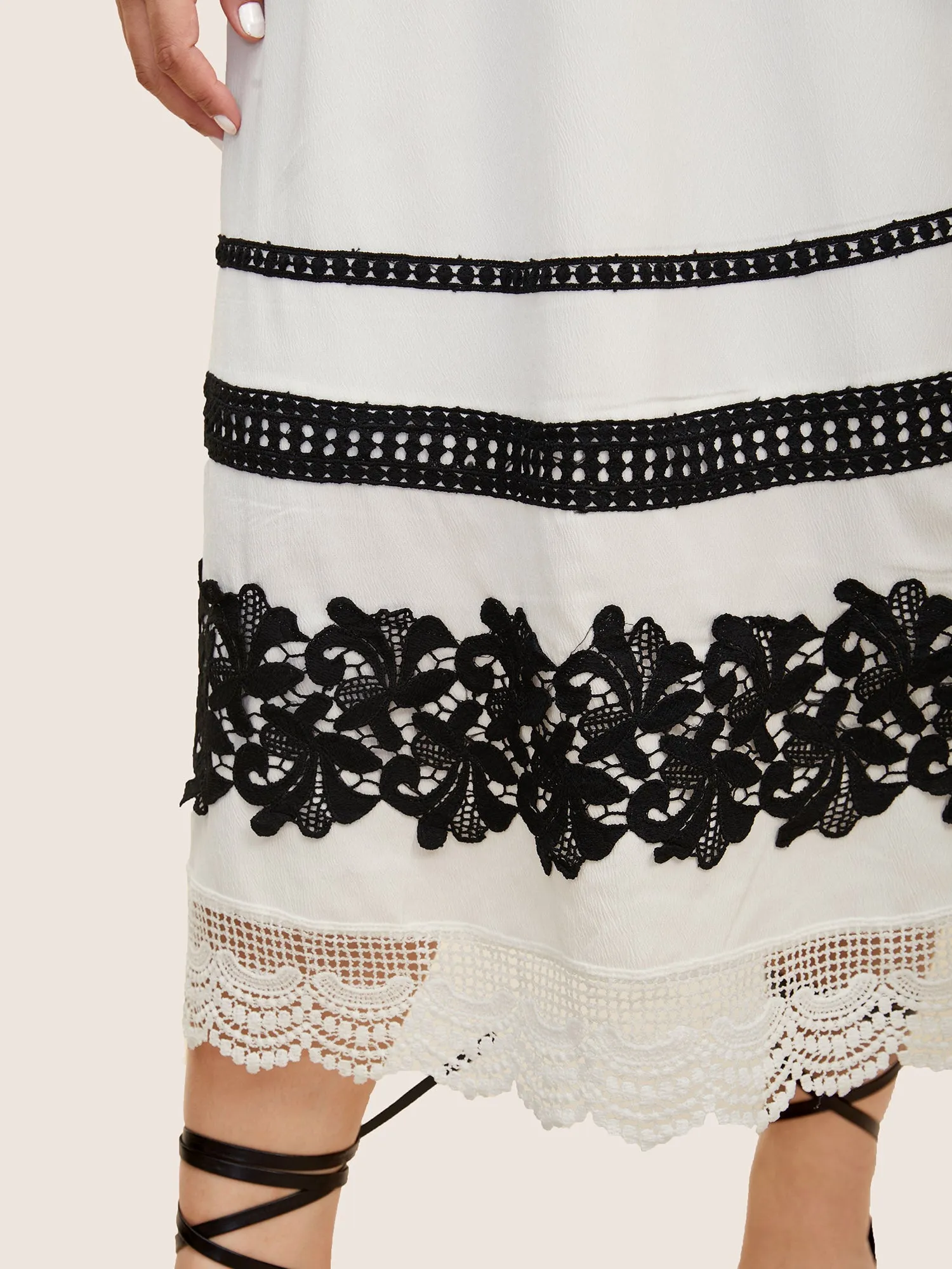 V Neck Contrast Lace Trim Ruffles Shirred Dress sold by Bloomchic product image thumbnail 2