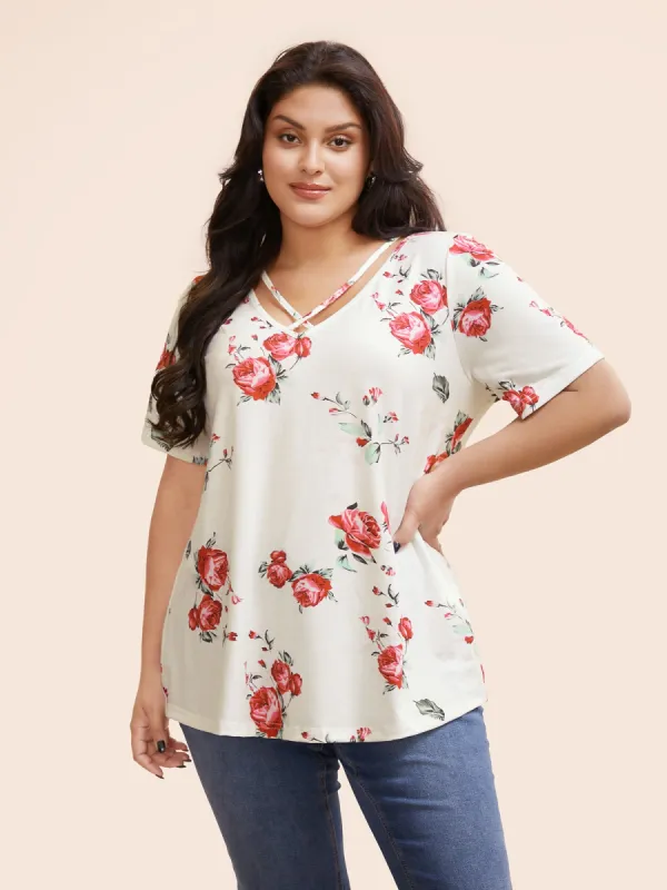 Floral Crisscross V Neck T-shirt sold by Bloomchic