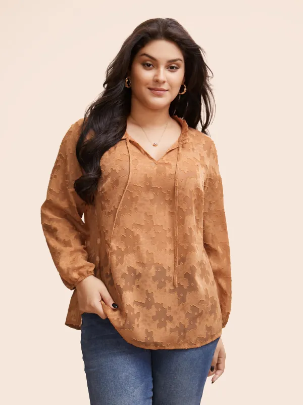 Plain Textured Frill Trim Tie Knot Blouse sold by Bloomchic