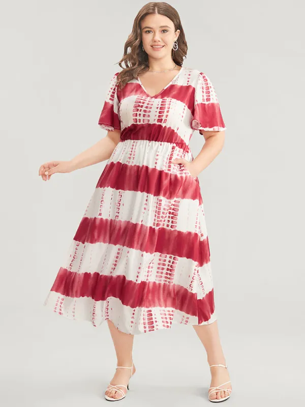 Tie Dye V Neck Pocket Ruffle Sleeve Midi Dress sold by Bloomchic