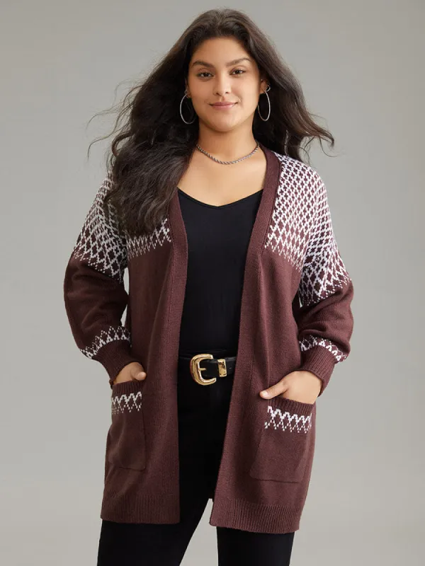 Geometric Contrast Patched Pocket Jacquard Cardigan sold by Bloomchic