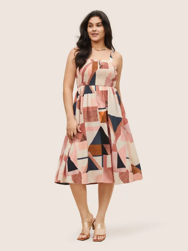 Geometric Colorblock Shirred Frill Trim Cami Dress sold by Bloomchic