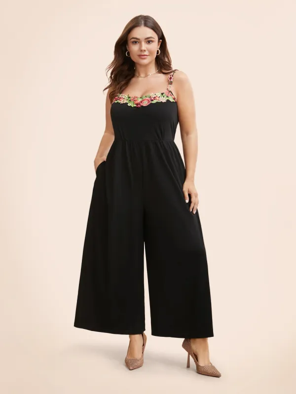 Heart Neckline Floral Embroidered Trim Jumpsuit sold by Bloomchic
