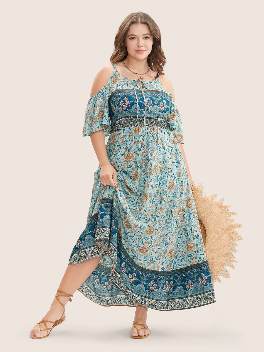 Floral Print Pocket Keyhole Ruffles Cold Shoulder Maxi Dress sold by Bloomchic