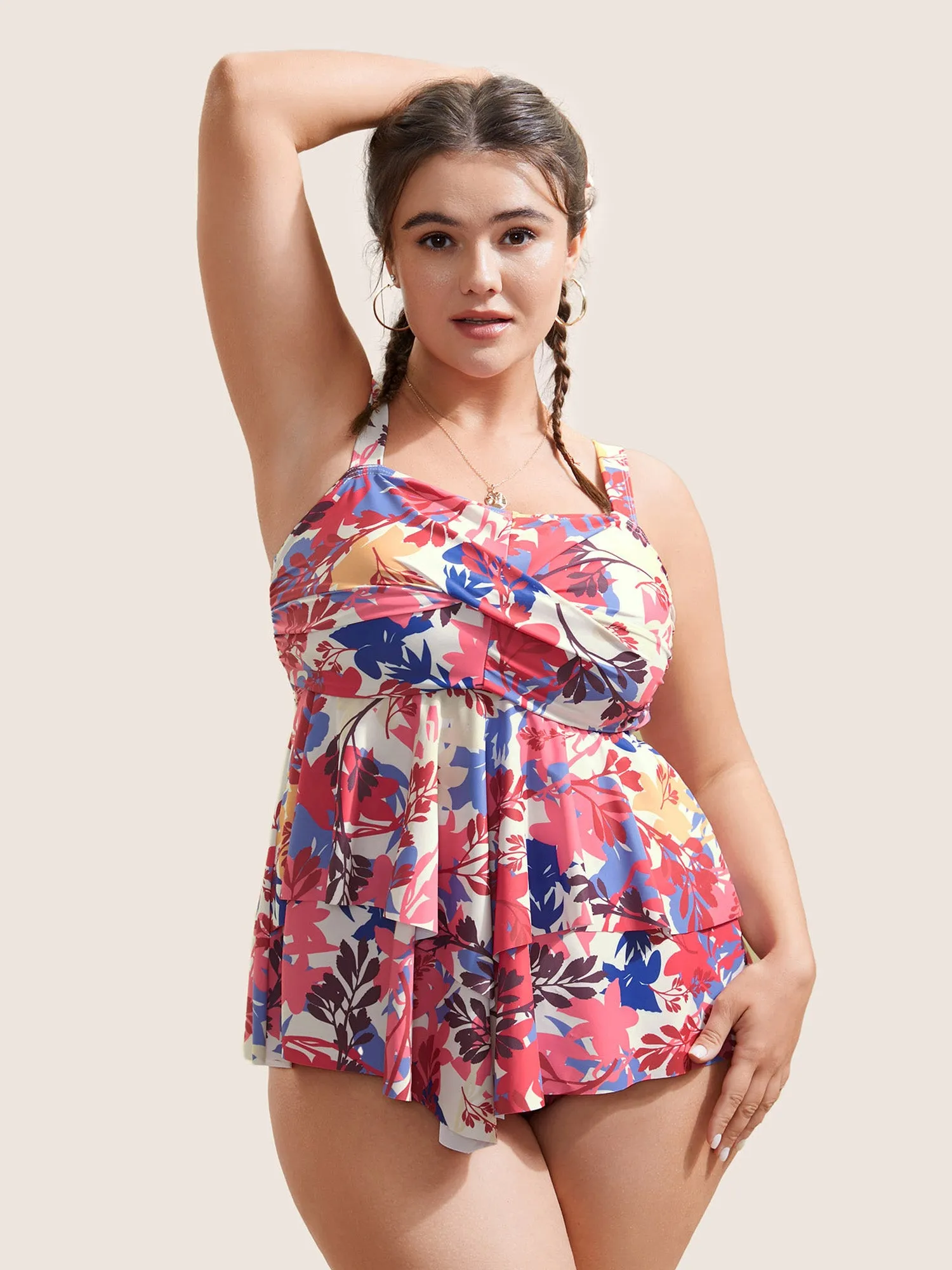 Silhouette Floral Print Crossover Tiered Hem Swim Top sold by Bloomchic