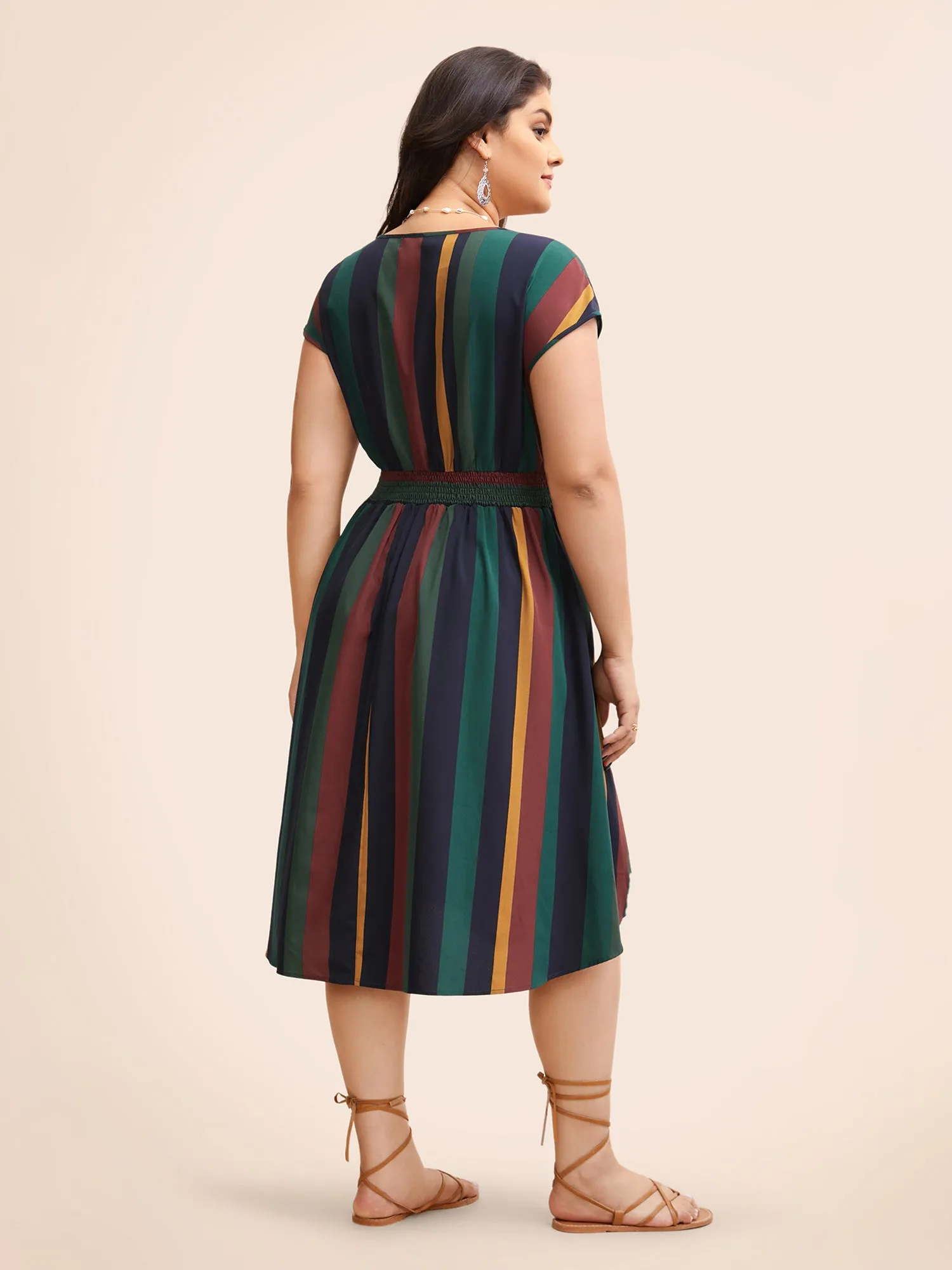 Striped Shirred Cap Sleeve Midi Dress sold by Bloomchic product image thumbnail 3