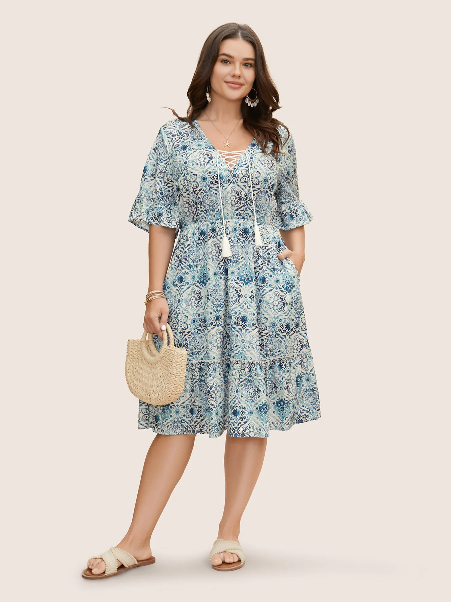 Boho Print Tassels Trim Flutter Sleeve Dress sold by Bloomchic product image thumbnail 2