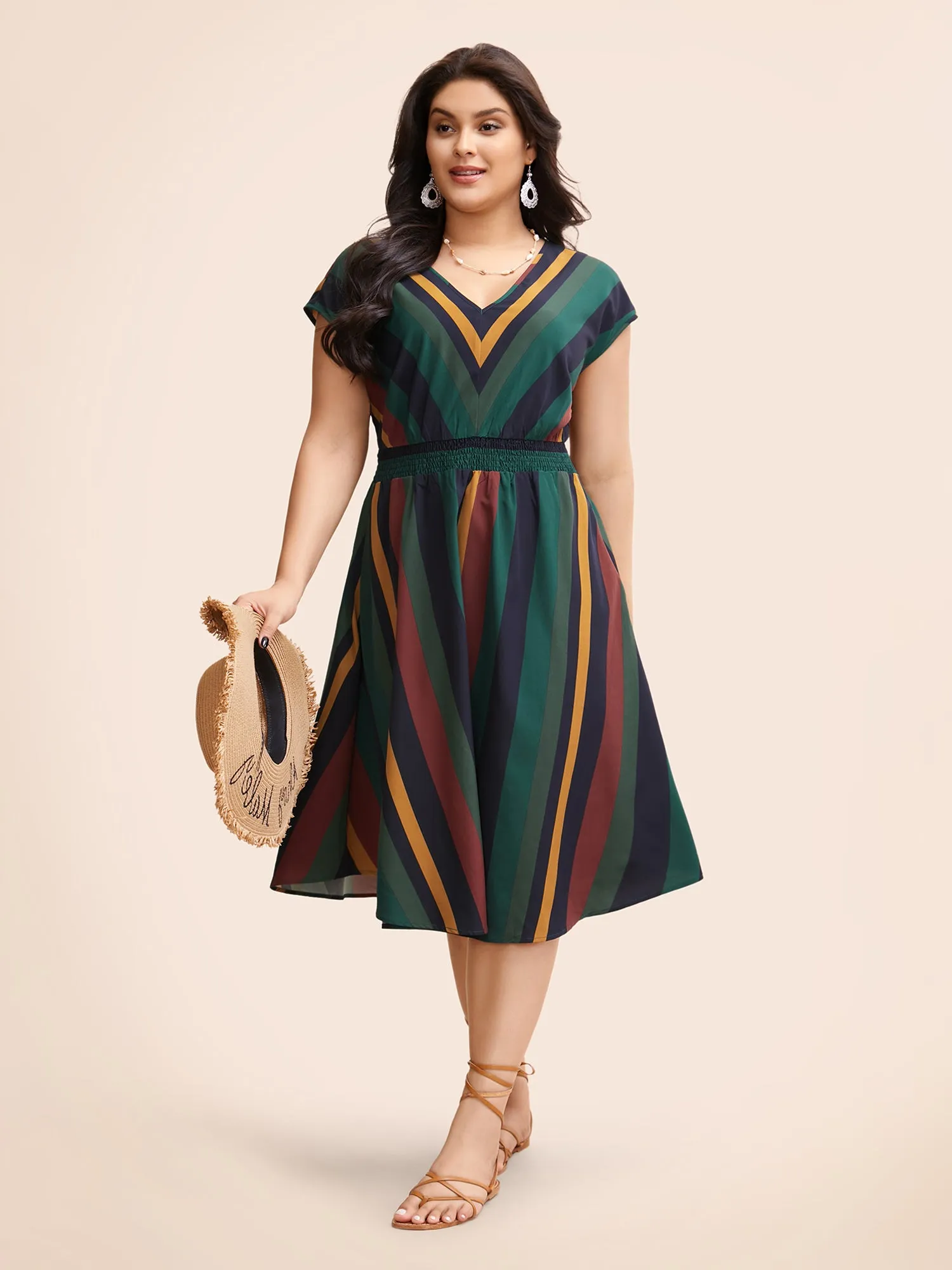 Striped Shirred Cap Sleeve Midi Dress sold by Bloomchic product image thumbnail 2