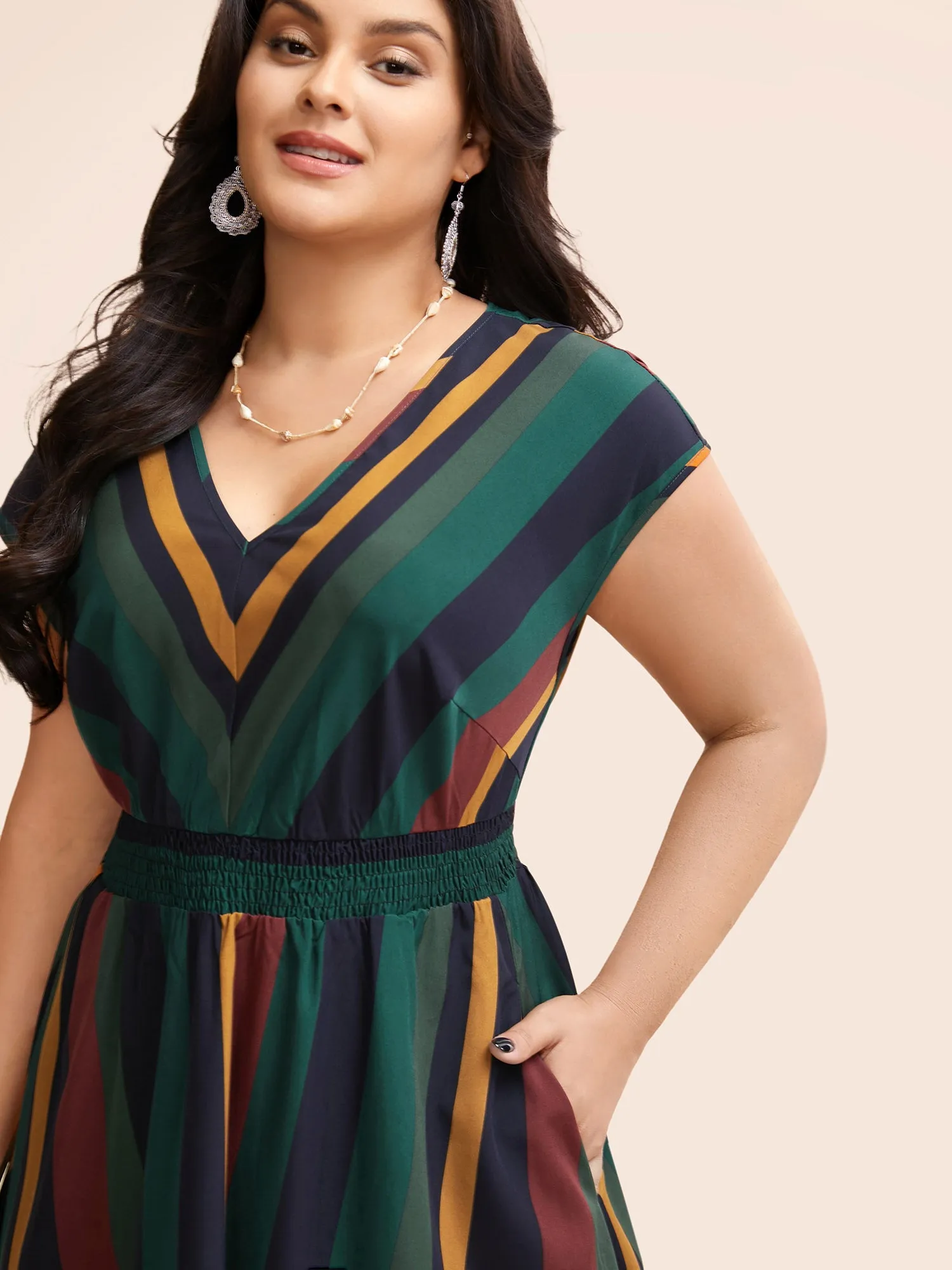 Striped Shirred Cap Sleeve Midi Dress sold by Bloomchic product image thumbnail 4