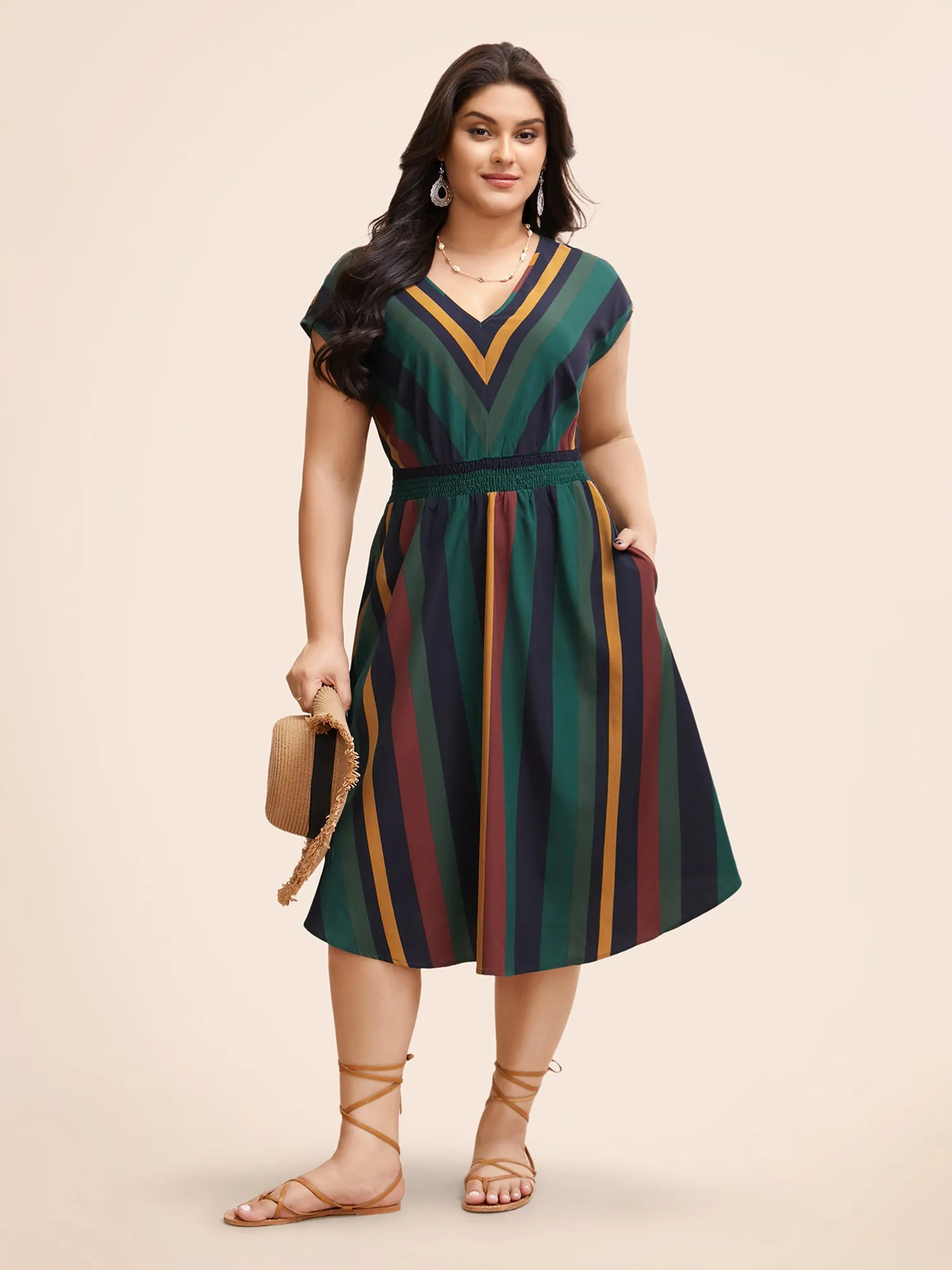 Striped Shirred Cap Sleeve Midi Dress sold by Bloomchic