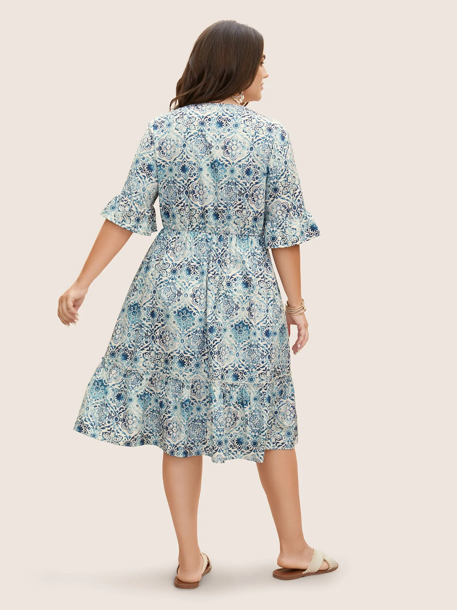 Boho Print Tassels Trim Flutter Sleeve Dress sold by Bloomchic product image thumbnail 3