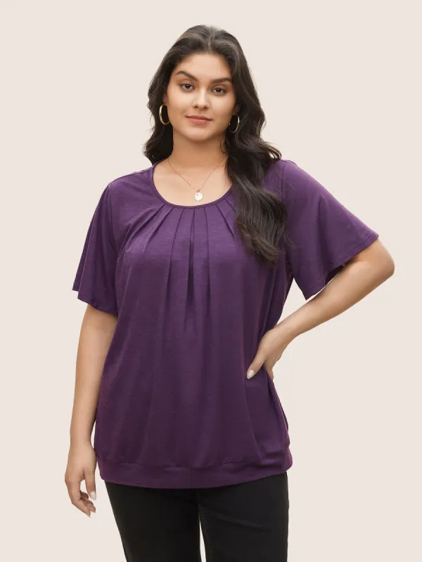 Solid Plicated Detail Flutter Sleeve T-shirt sold by Bloomchic