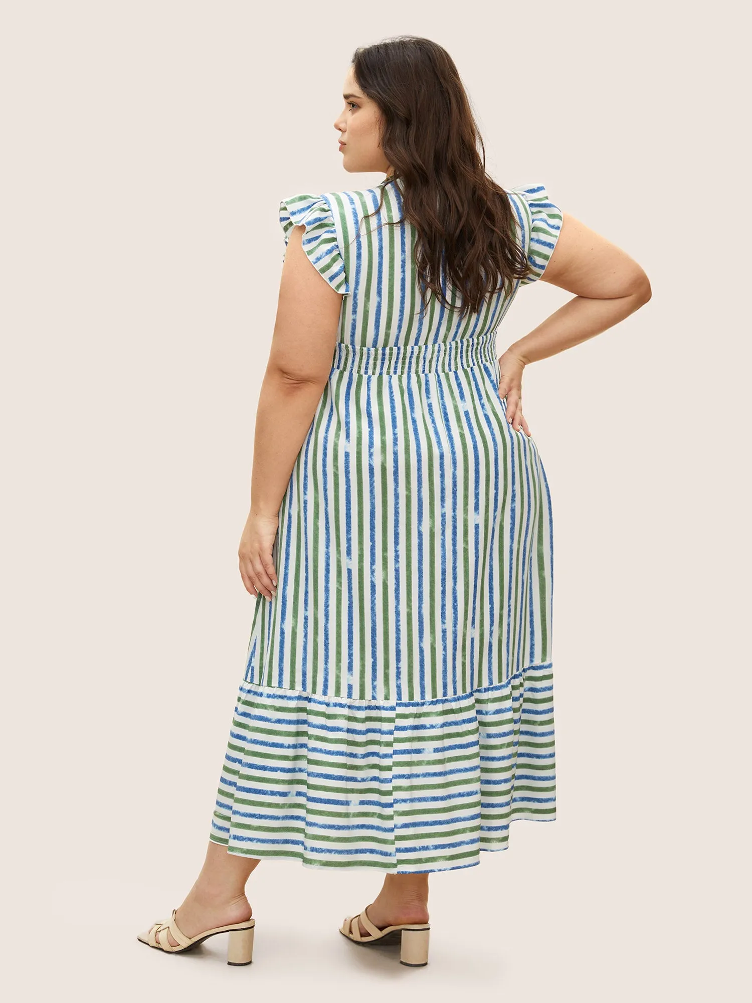 Striped Ruffle Cap Sleeve Shirred Dress sold by Bloomchic product image thumbnail 3