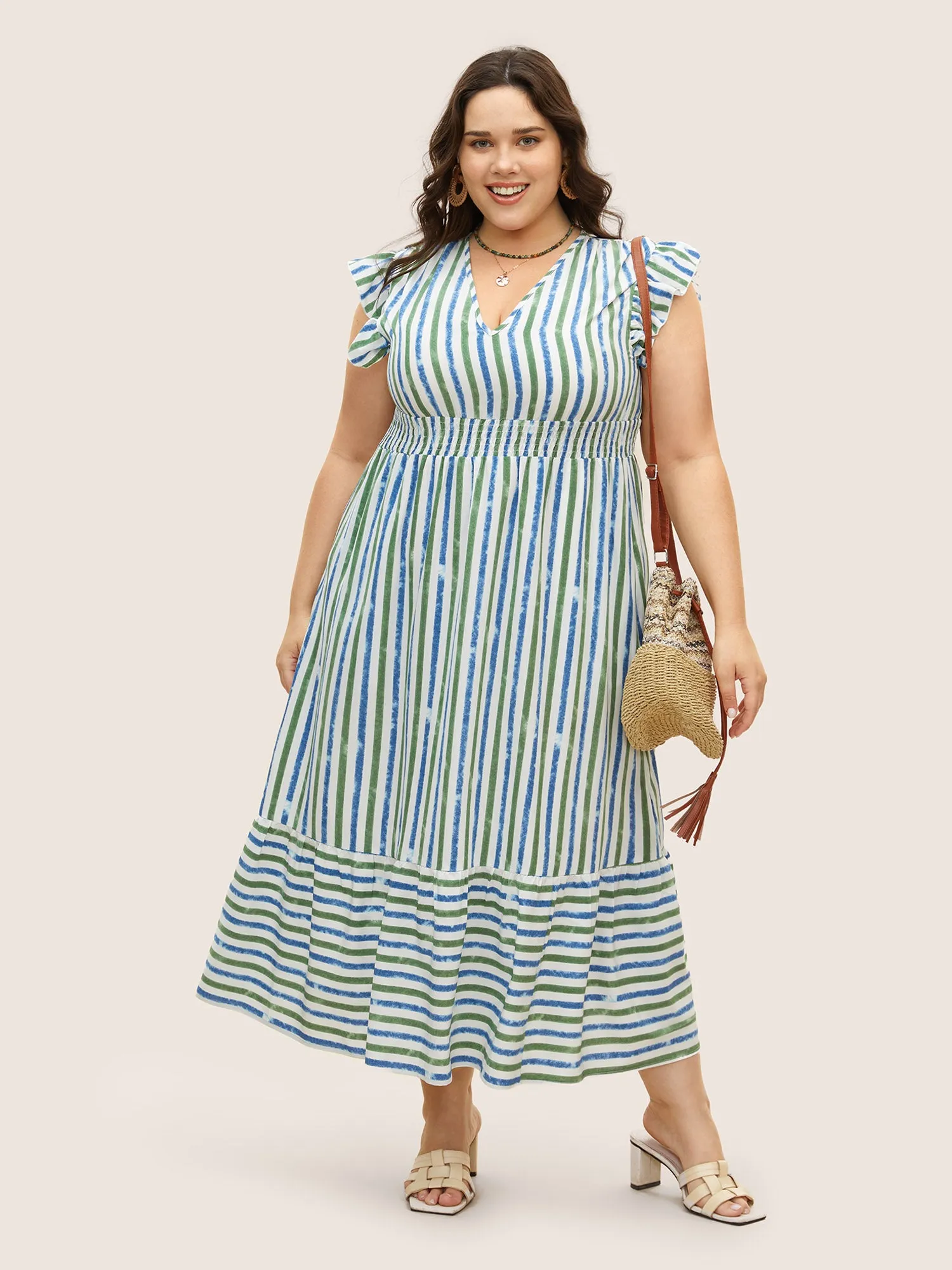 Striped Ruffle Cap Sleeve Shirred Dress sold by Bloomchic product image thumbnail 2