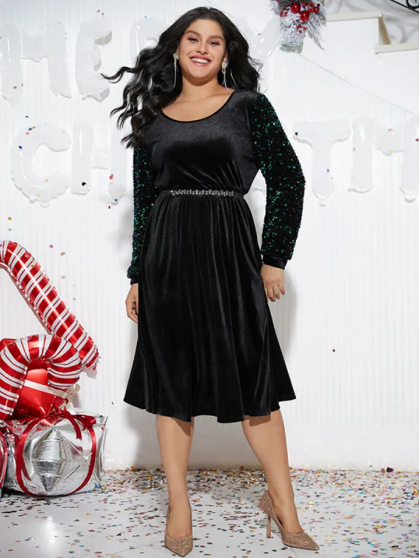 Velvet Patchwork Sequin Elastic Waist Dress sold by Bloomchic