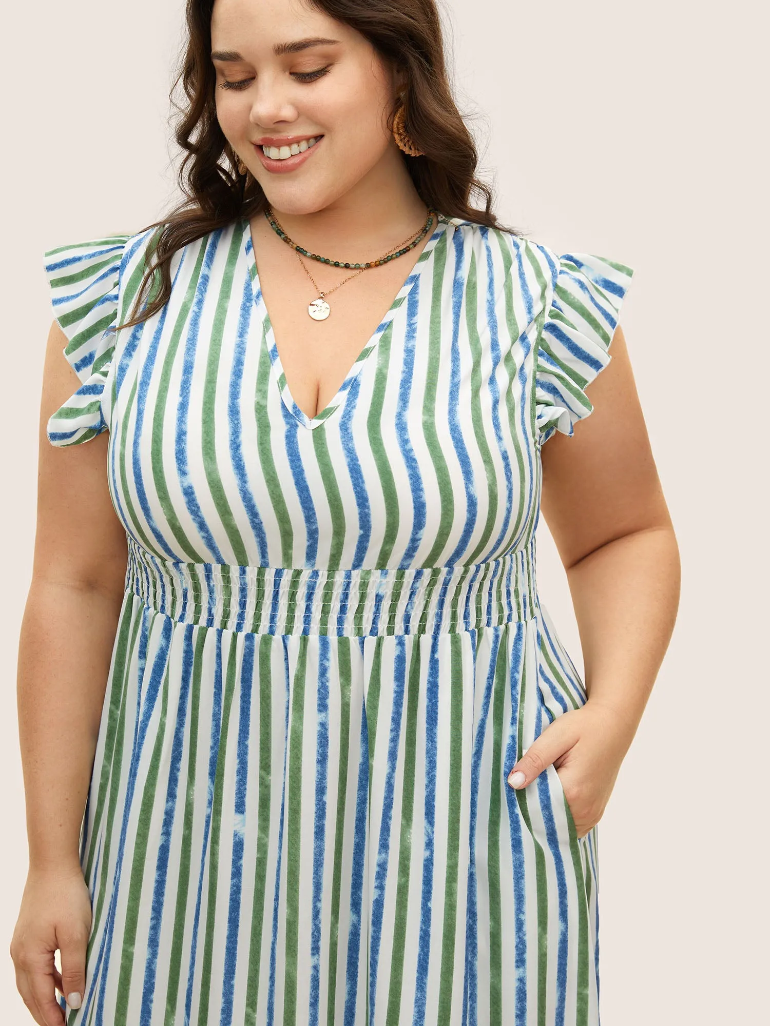 Striped Ruffle Cap Sleeve Shirred Dress sold by Bloomchic product image thumbnail 4