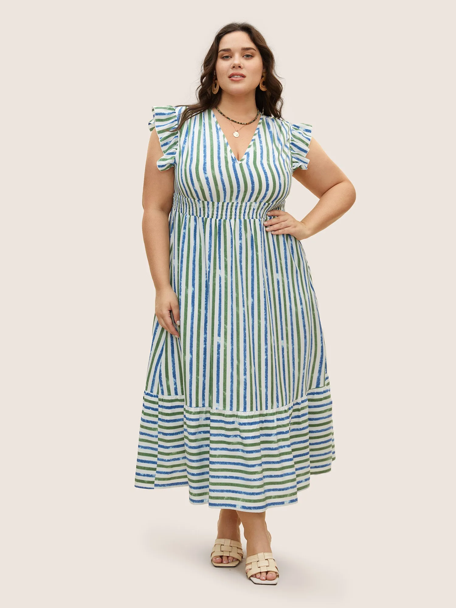 Striped Ruffle Cap Sleeve Shirred Dress sold by Bloomchic