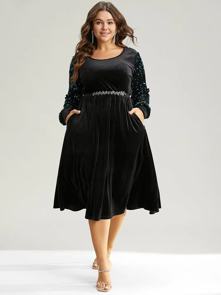 Velvet Patchwork Sequin Elastic Waist Dress sold by Bloomchic product image thumbnail 2