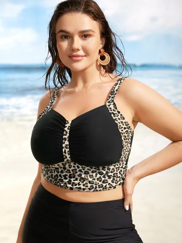 Heart Neckline Leopard Print Patchwork Ruched Swim Top sold by Bloomchic