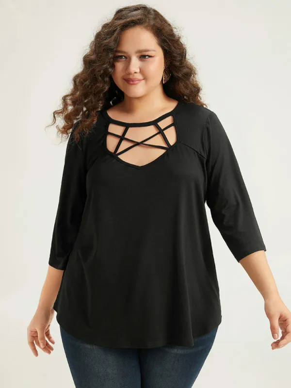 Solid Crisscross Neck Cut Out T-shirt sold by Bloomchic
