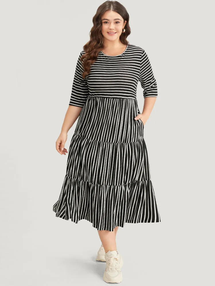 Striped Crew Neck Ruffle Layered Hem Dress sold by Bloomchic