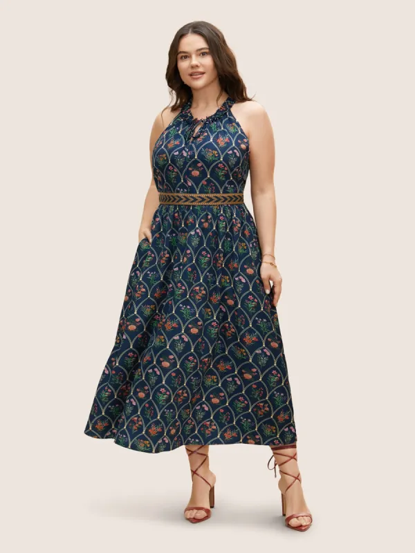 Boho Print Woven Ribbon Tie Knot Frill Trim Dress sold by Bloomchic
