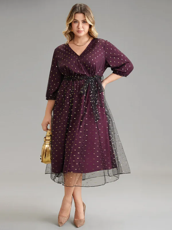 Geometric Tiered Mesh Belted Wrap Dress sold by Bloomchic