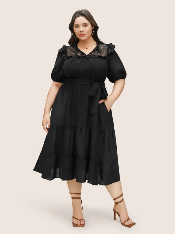 Butterfly Patchwork Tie Neck Ruffles Belted Dress sold by Bloomchic
