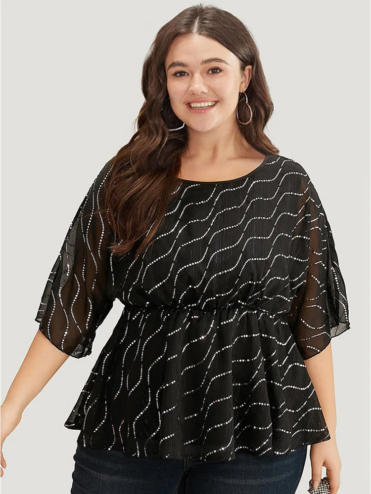 Chiffon Rhinestone Mesh Patchwork Elastic Waist Blouse sold by Bloomchic